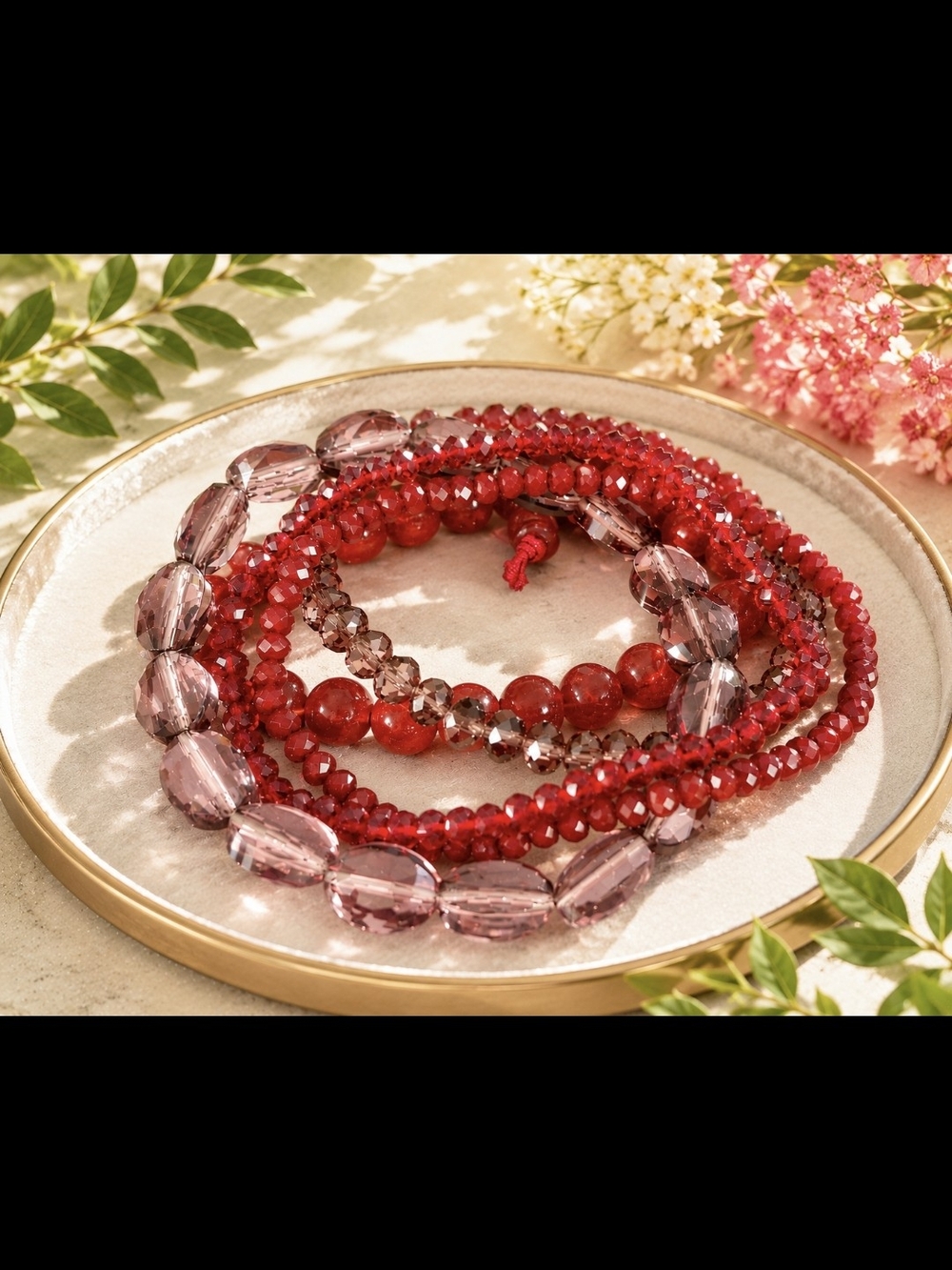 Set Of 5 Crustal And Glass Bead  Red  Tones Bracelet